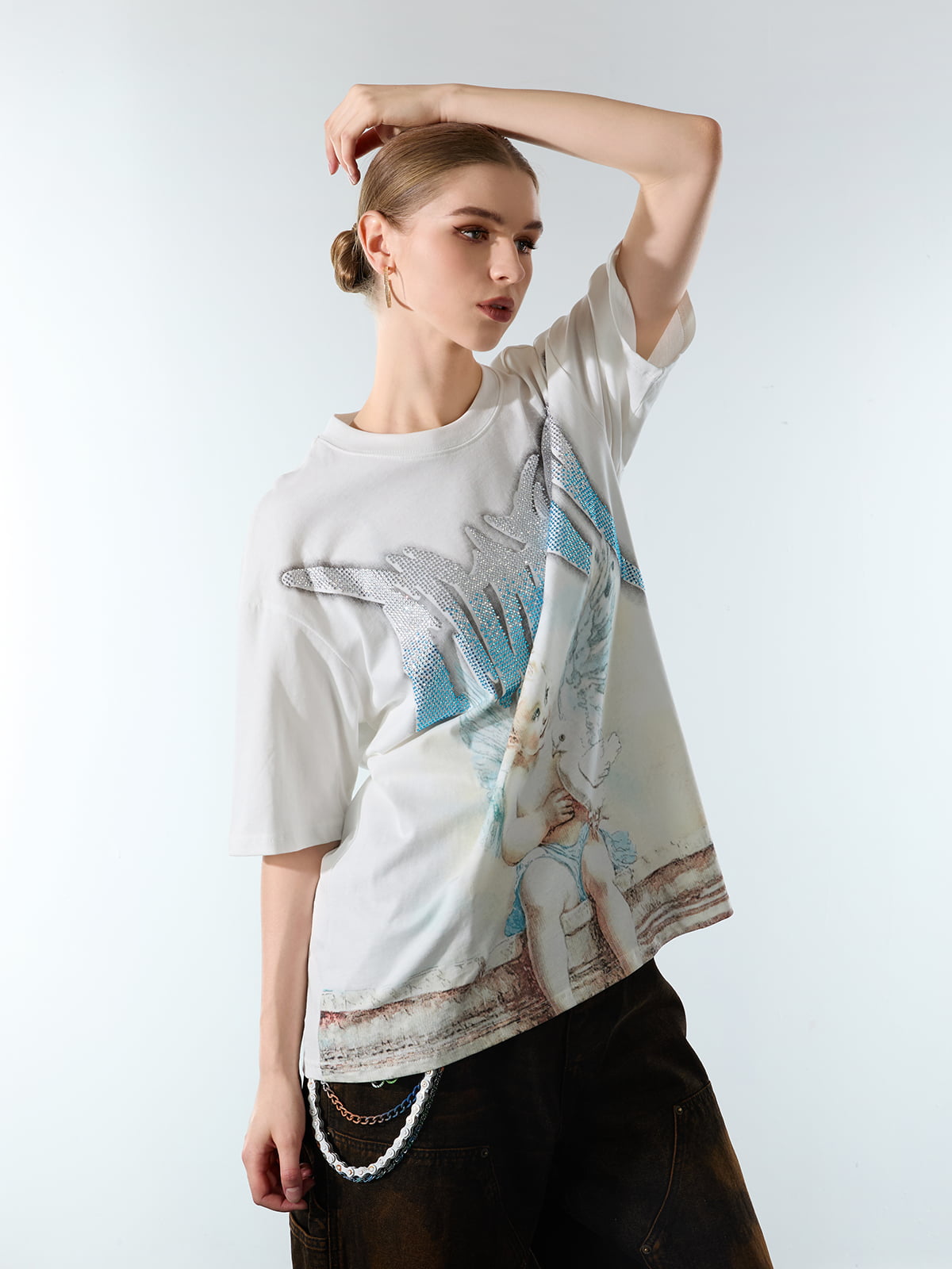 Retro Street Peace Dove Angel Rhinestone T-Shirt