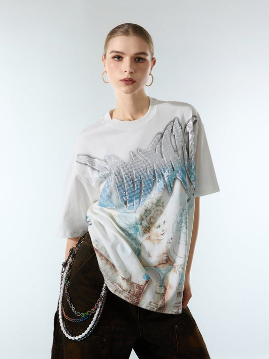 Retro Street Peace Dove Angel Rhinestone T-Shirt