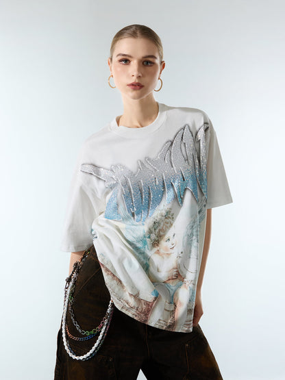 Retro Street Peace Dove Angel Rhinestone T-Shirt