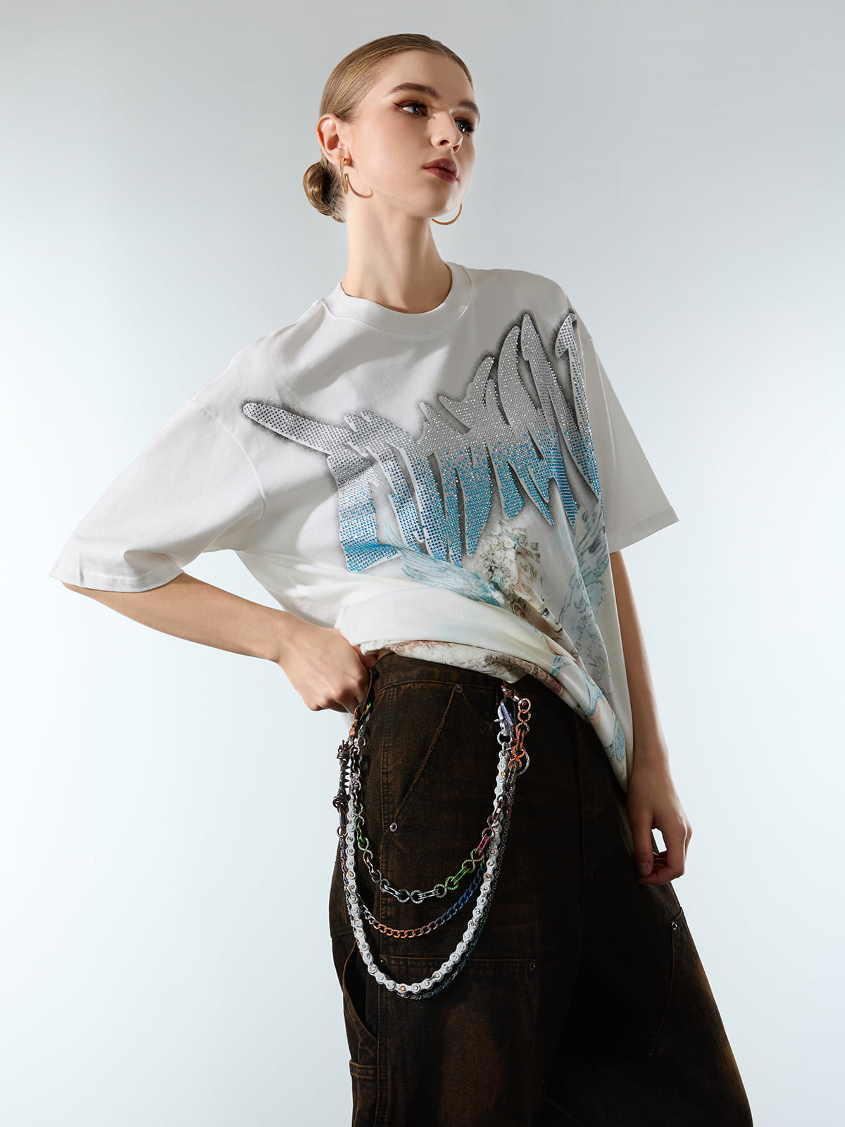 Retro Street Peace Dove Angel Rhinestone T-Shirt