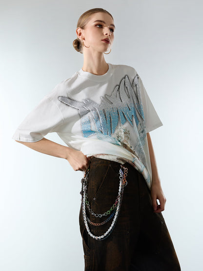 Retro Street Peace Dove Angel Rhinestone T-Shirt