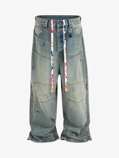 Wide-Leg Denim Trousers with Unique Tie Detail for Fashionable Comfort
