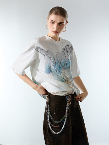 Retro Street Peace Dove Angel Rhinestone T-Shirt