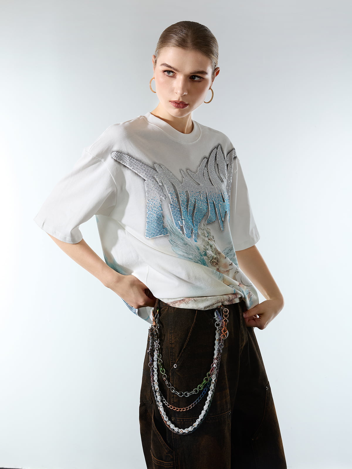 Retro Street Peace Dove Angel Rhinestone T-Shirt