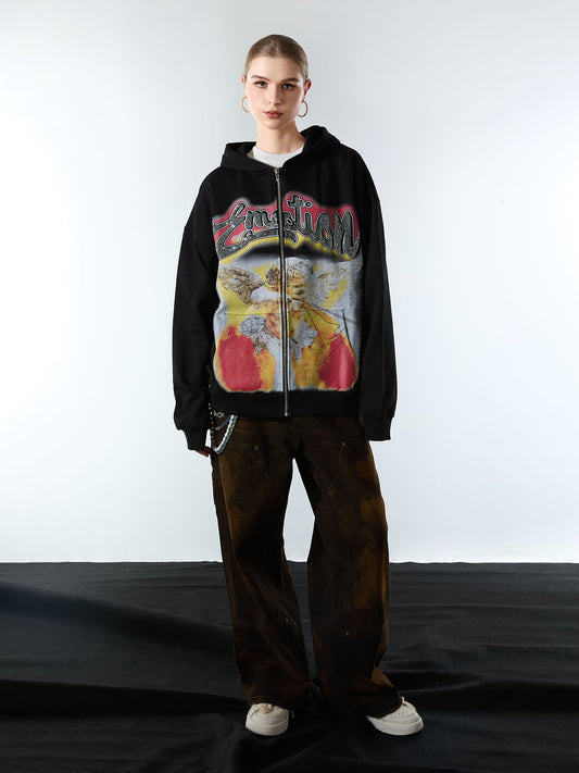 Retro Hip-Hop Cupid Rhinestone Zip Up Hoodie