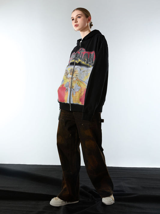 Retro Hip-Hop Cupid Rhinestone Zip Up Hoodie