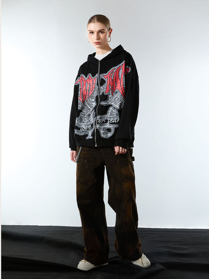 Retro Gothic Print Rhinestone Zip-Up Hoodie
