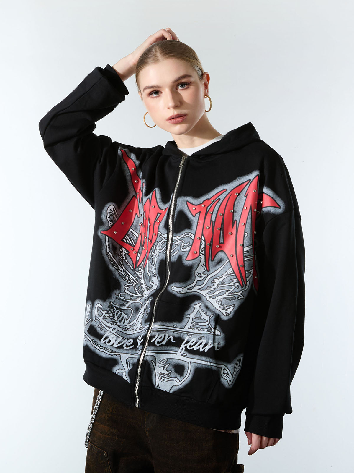 Retro Gothic Print Rhinestone Zip-Up Hoodie