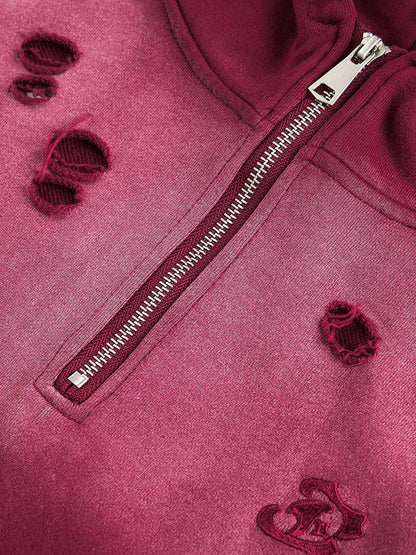 Street Distressed Half-Zip Ripped Hoodie