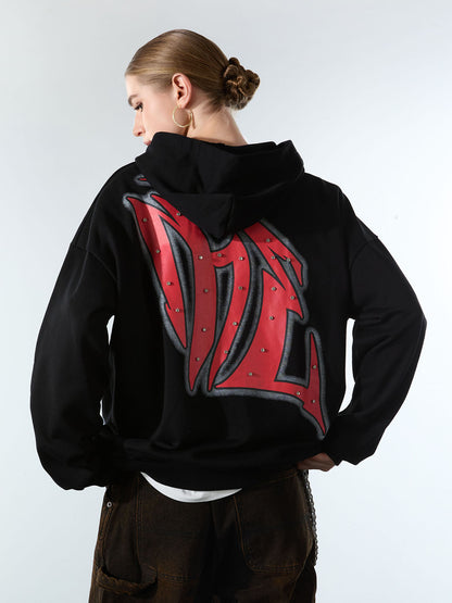 Retro Gothic Print Rhinestone Zip-Up Hoodie