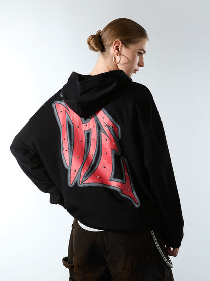 Retro Gothic Print Rhinestone Zip-Up Hoodie