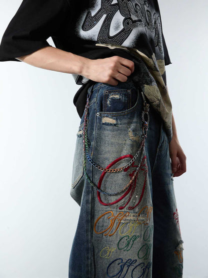 Retro Rhinestone Letter Embroidery Distressed Baggy Jeans