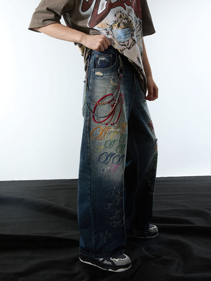 Retro Rhinestone Letter Embroidery Distressed Baggy Jeans