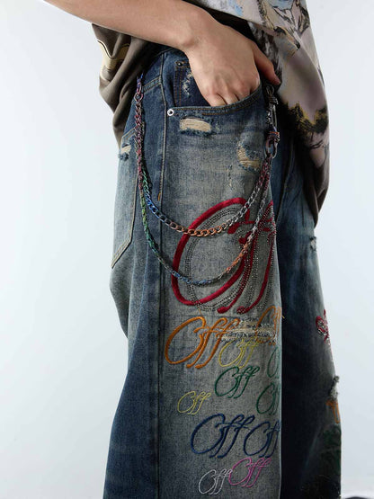 Retro Rhinestone Letter Embroidery Distressed Baggy Jeans