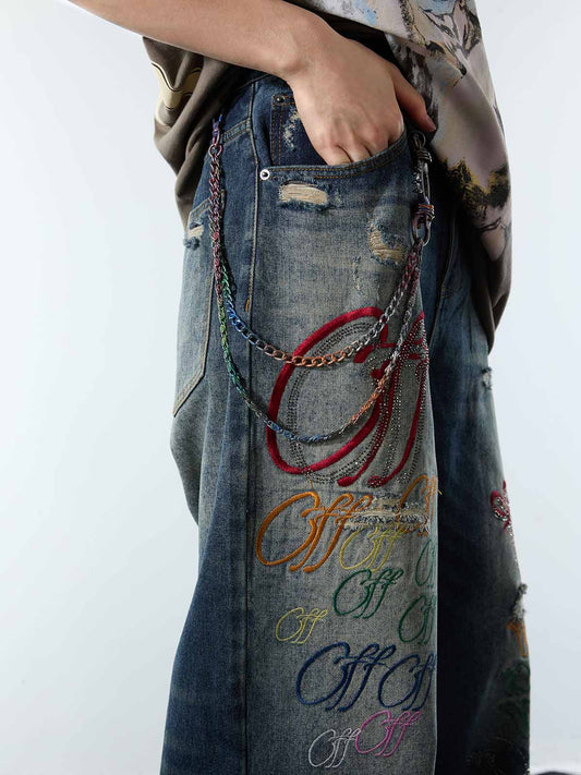 Retro Rhinestone Letter Embroidery Distressed Baggy Jeans