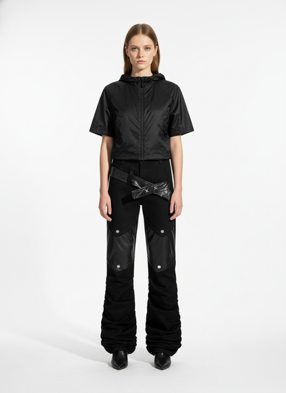 Vintage Heavy Pleated PU Leather Stitch Patchwork Flared Pants