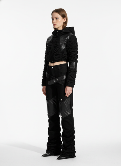 Vintage Heavy Pleated PU Leather Stitch Patchwork Flared Pants