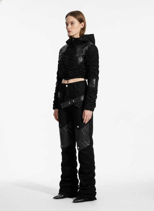 Vintage Heavy Pleated PU Leather Stitch Patchwork Flared Pants