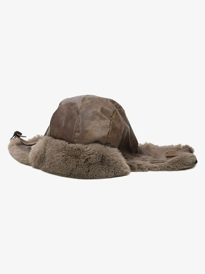 Vintage Distressed Leather Plush Trapper Hat