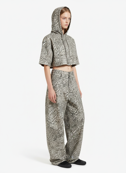 Street Leopard Camouflage Pleated Barrel Jeans