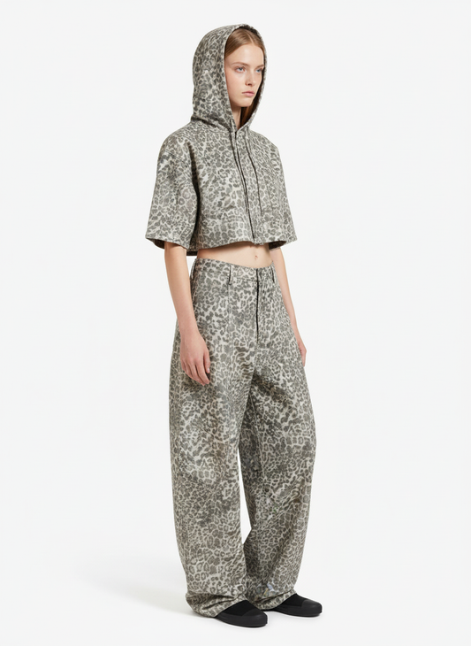 Street Leopard Camouflage Pleated Barrel Jeans