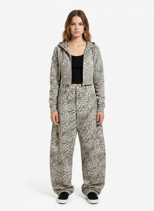 Street Leopard Camouflage Pleated Barrel Jeans