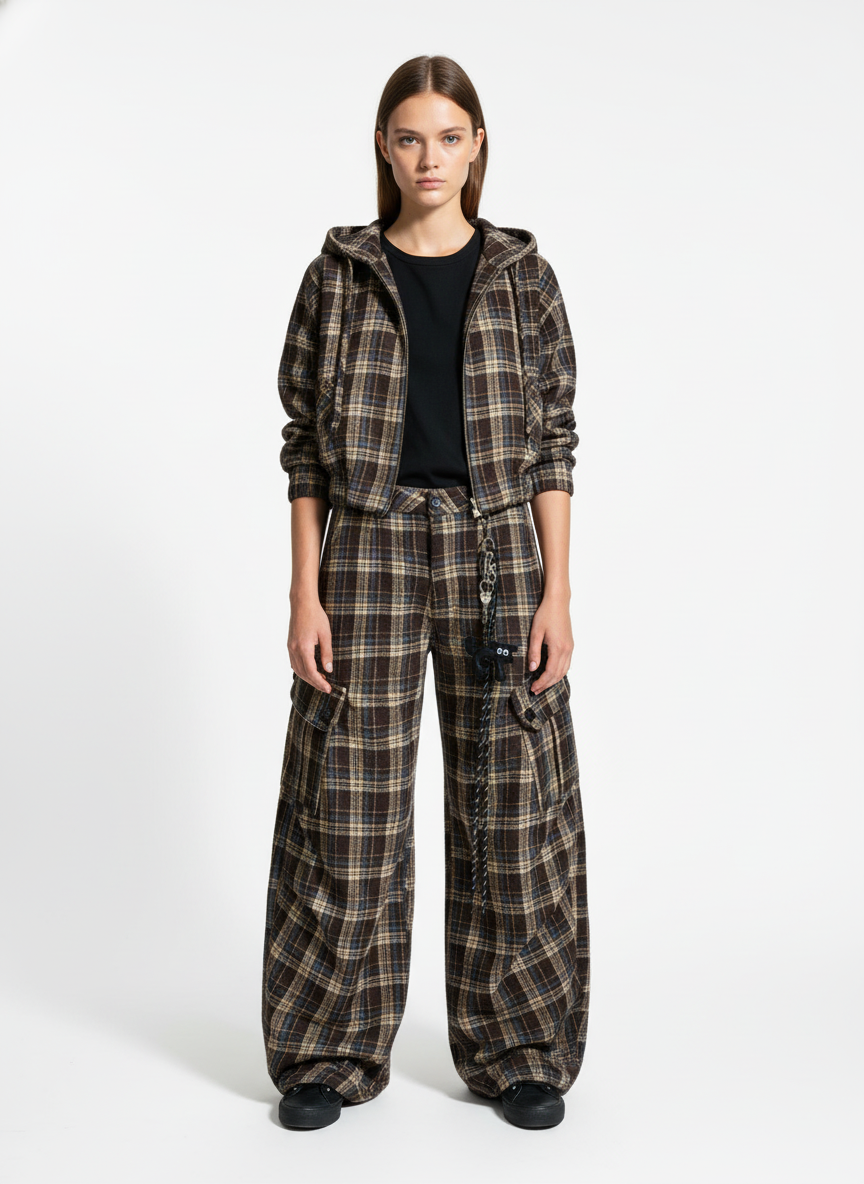 Vintage Plaid Pleated Multi-Pocket Cargo Casual Pants
