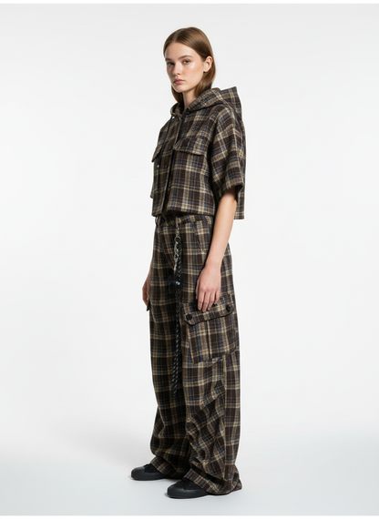 Vintage Plaid Pleated Multi-Pocket Cargo Casual Pants