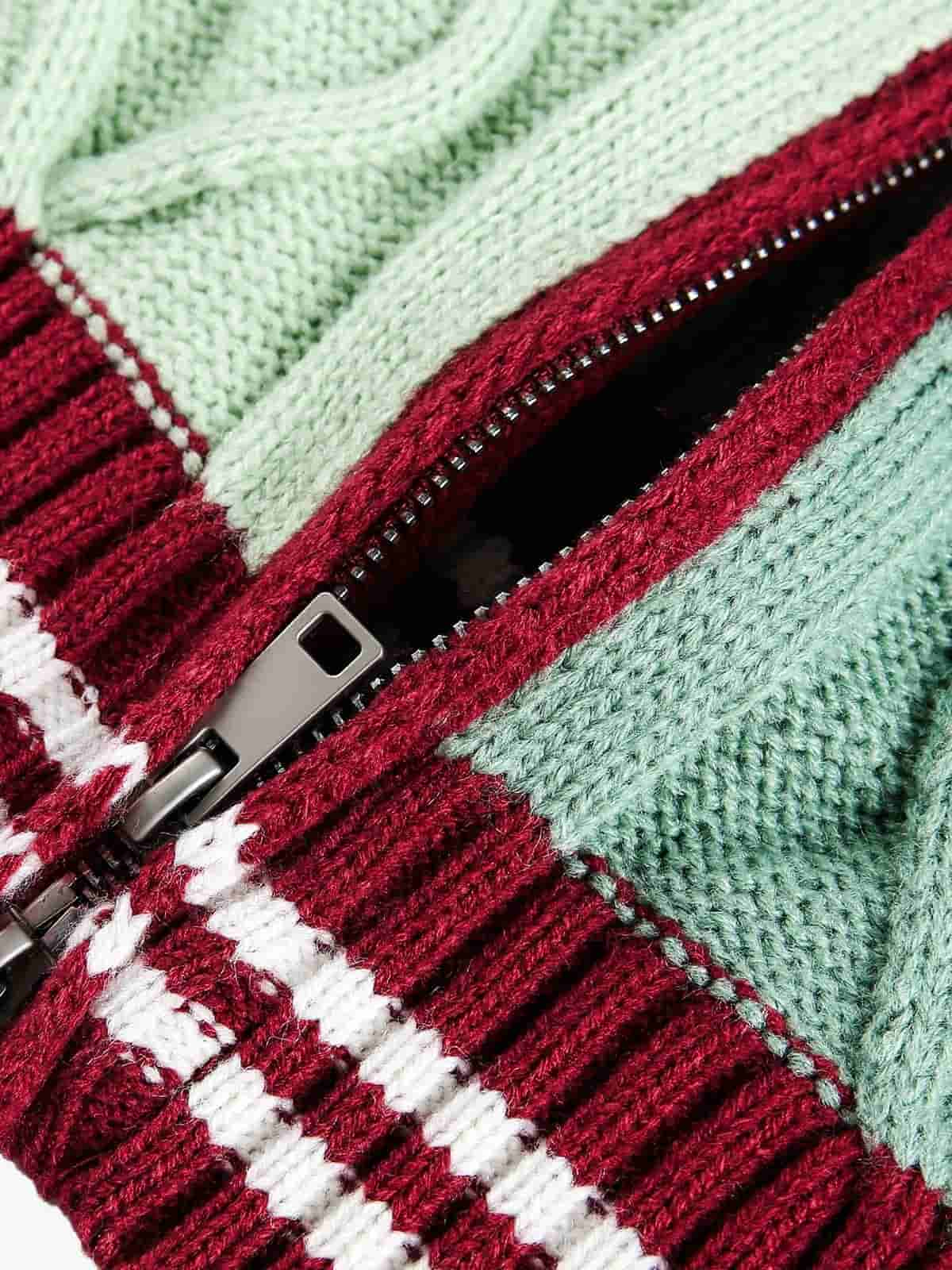 Thesupermade American Retro Contrast Color Design High Collar Knitted Sweater Cardigan