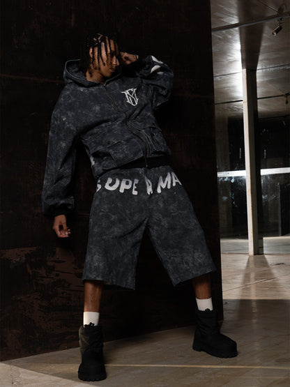 Oversized Denim Hoodie And Shorts Set For Urban Streetwear