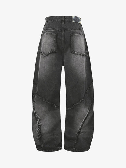 Washed Distressed Raw Edge Barrel Jeans - 2402