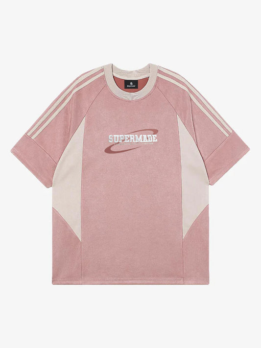 Suede Contrast Color Spliced Letter Embroidery Oversize T-shirt - 2462