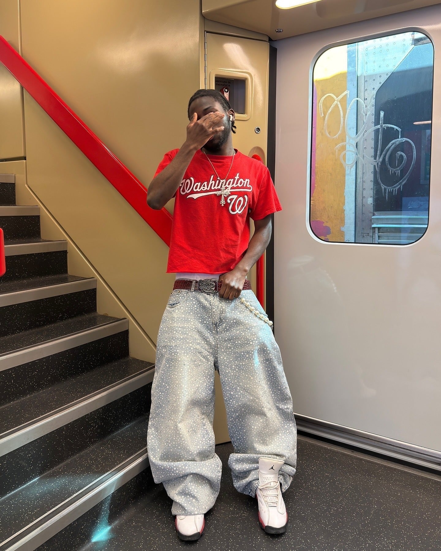 Thesupermade Ink Splashed Hotfix Rhinestone Baggy Jeans - 2306