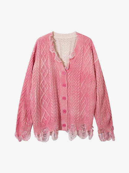Cable Knit Cardigan Damaged Dirty Dyed Sweater