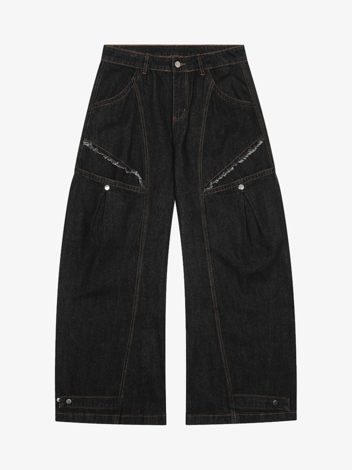 Wide-Leg Denim Trousers with Distressed Pockets and Functional Design