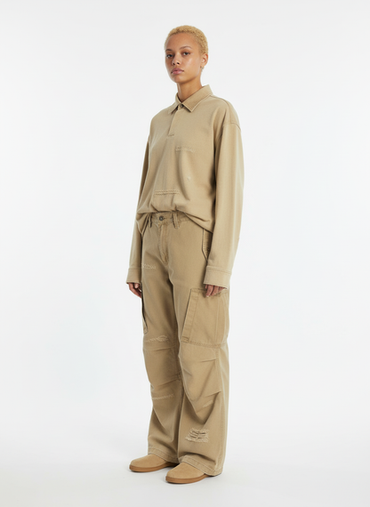 Cotton Hole Patch Pleated Multi-Pocket Cargo Casual Pants