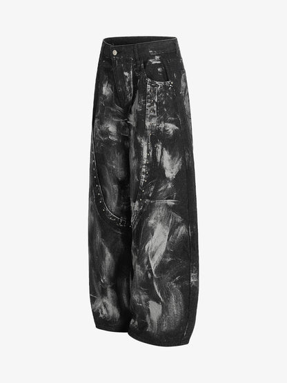 Tie-Dye Wide-Leg Denim Pants with Stud Detailing