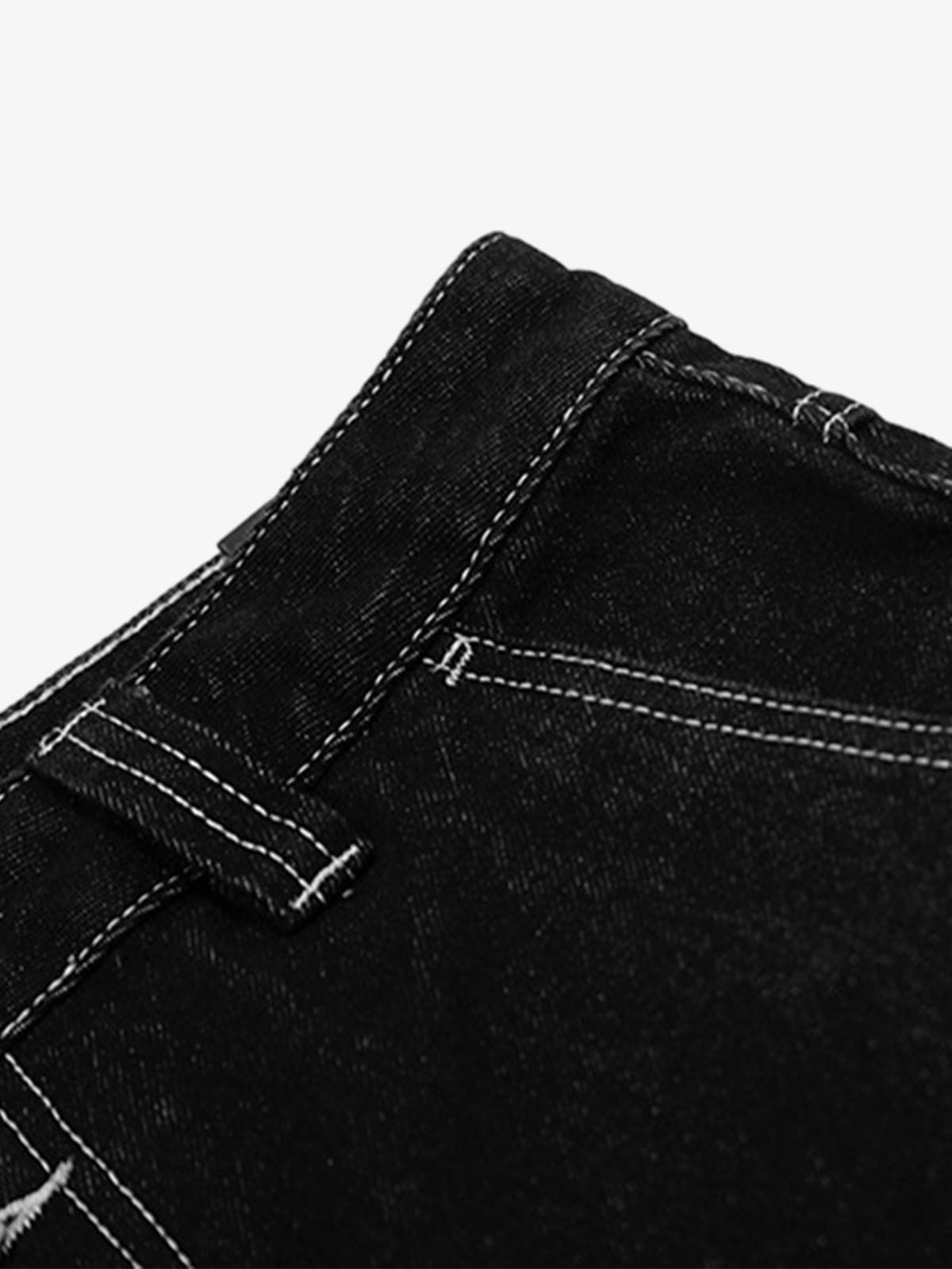 Retro Black Multi-pocket Exposed Raw Edge Cropped Jeans
