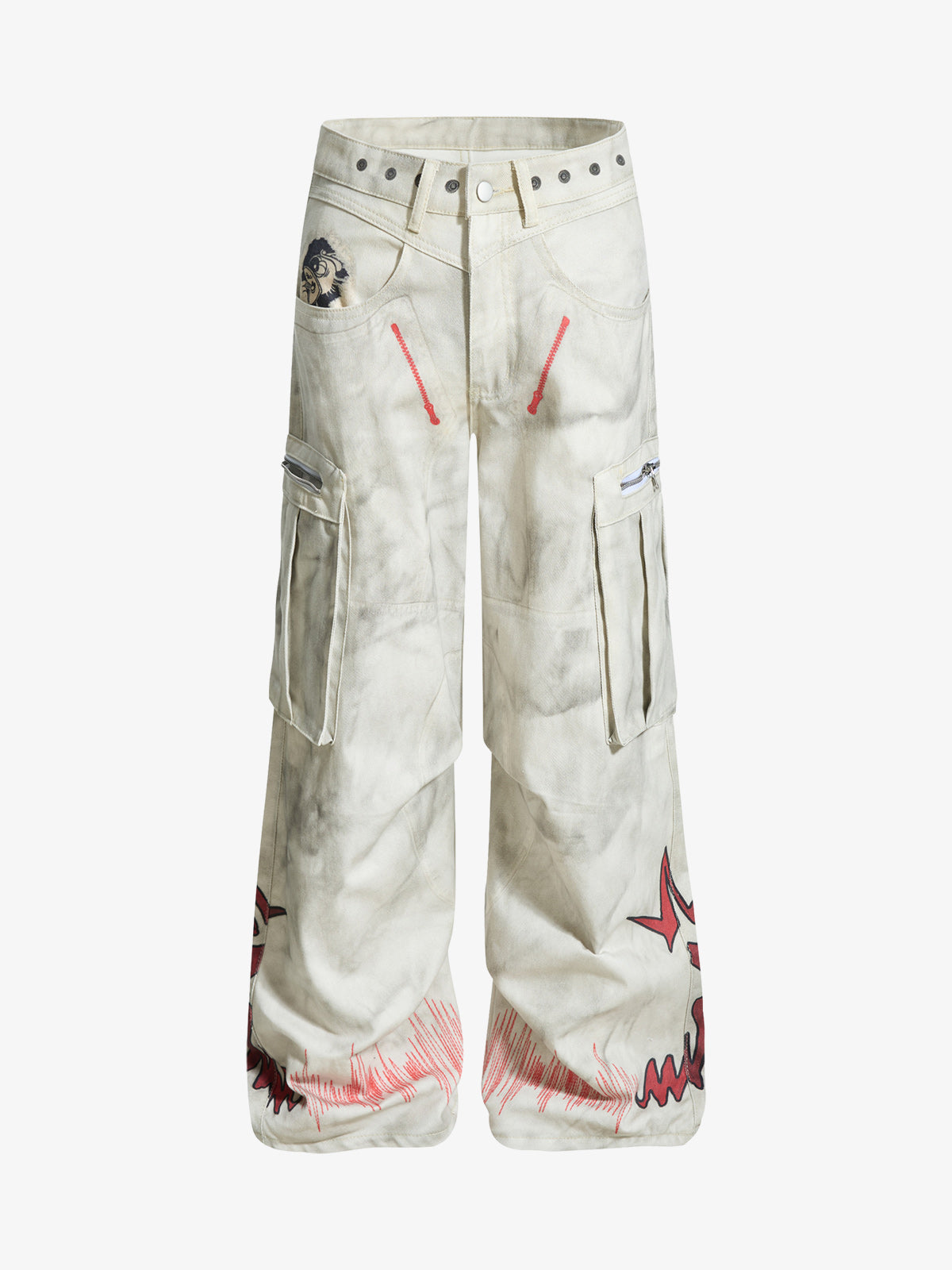 Stylish Wide-Leg Cargo Pants with Unique Embroidery and Zipper Accents