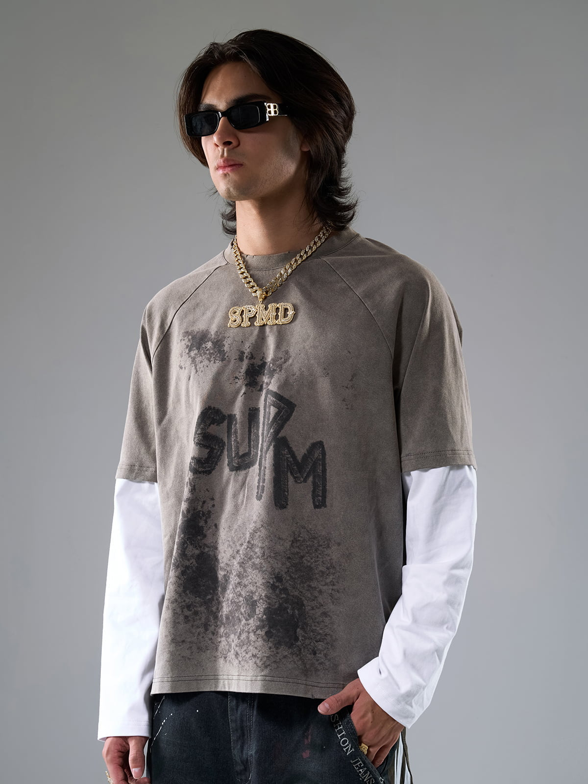 复古撞色拼接洗水做旧印花T恤