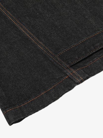 Wide-Leg Denim Trousers with Distressed Pockets and Functional Design