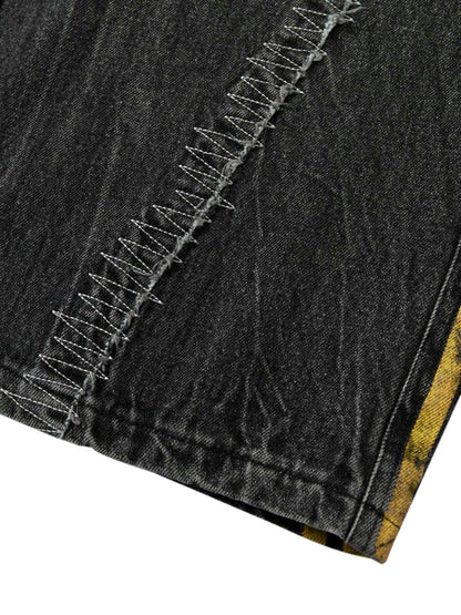 Distressed Striped Side Chain Patchwork Ripped Straight Jeans - 2391