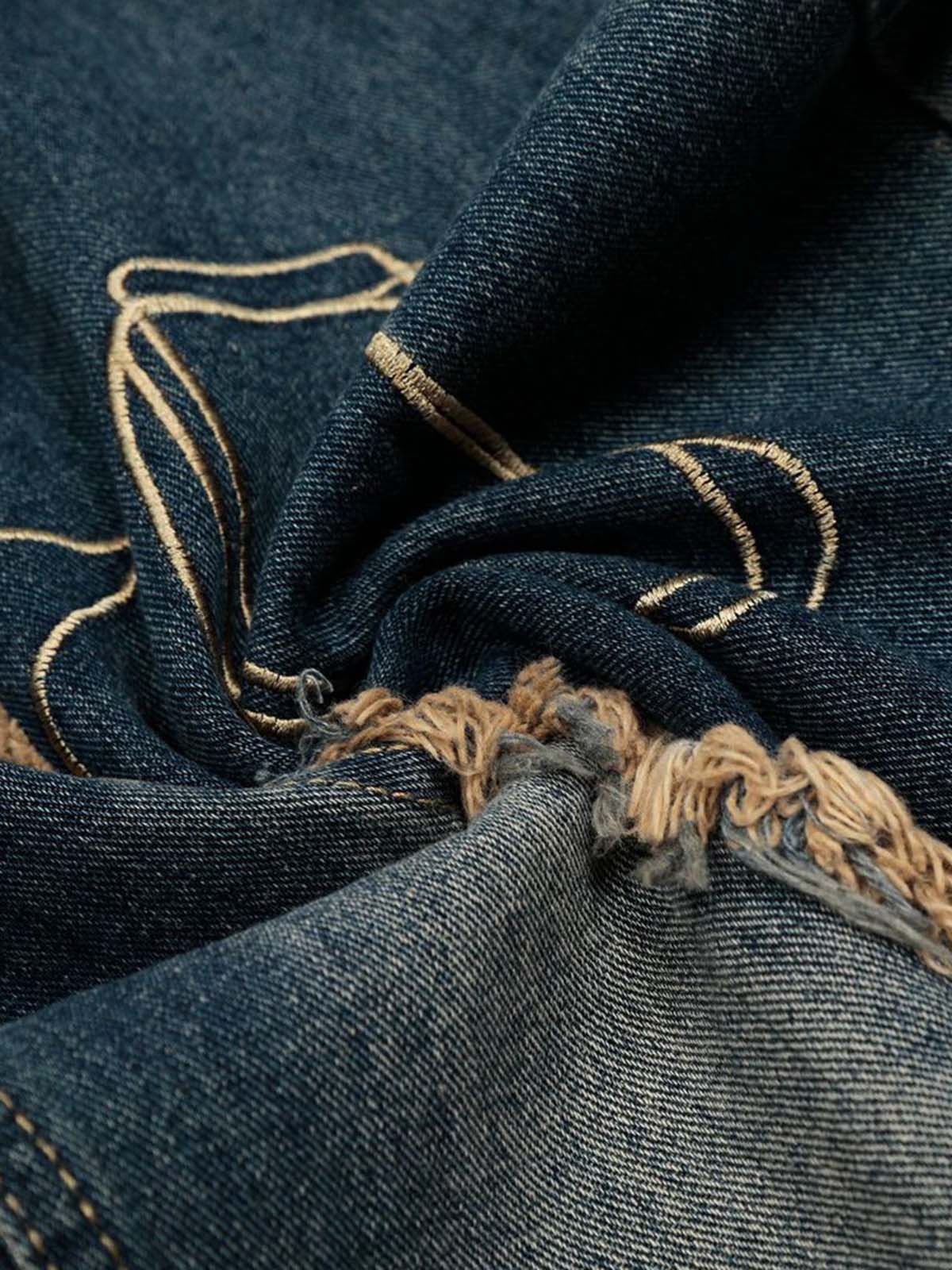 Distressed Denim Jeans with Embroidered Celestial Motifs for Women