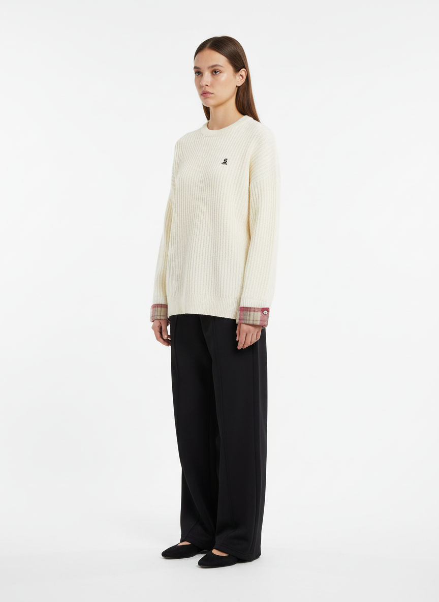 Plaid Scarf Patchwork Contrast Knit Sweater