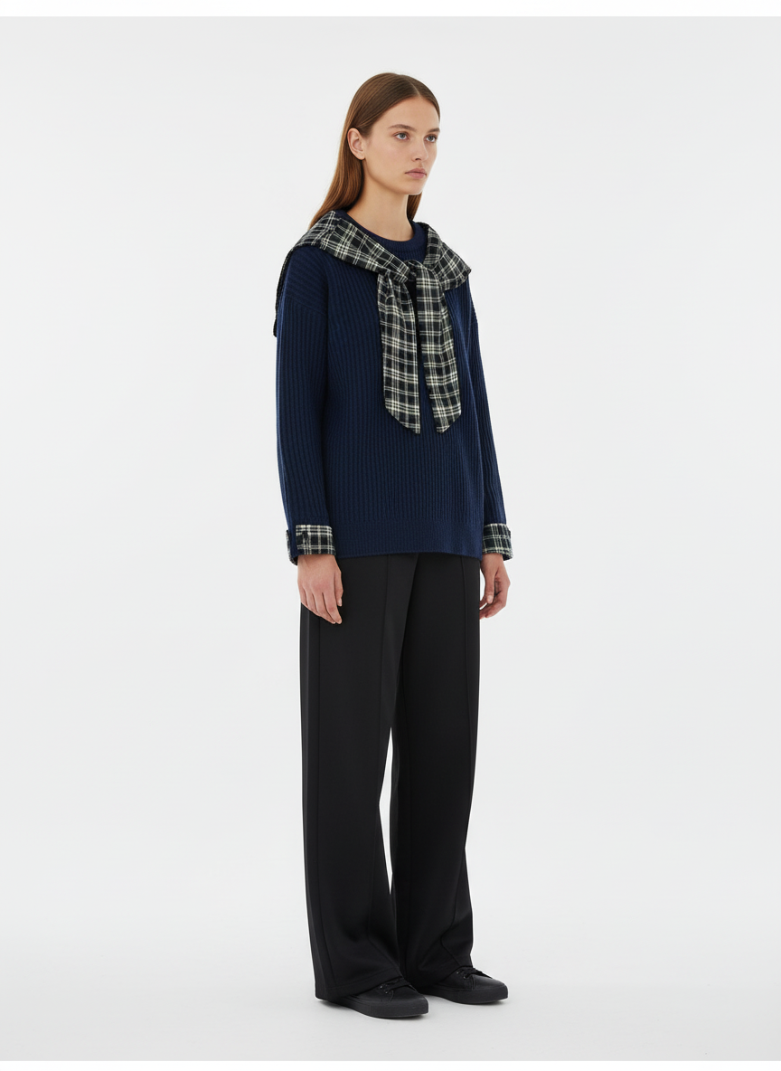 Plaid Scarf Patchwork Contrast Knit Sweater