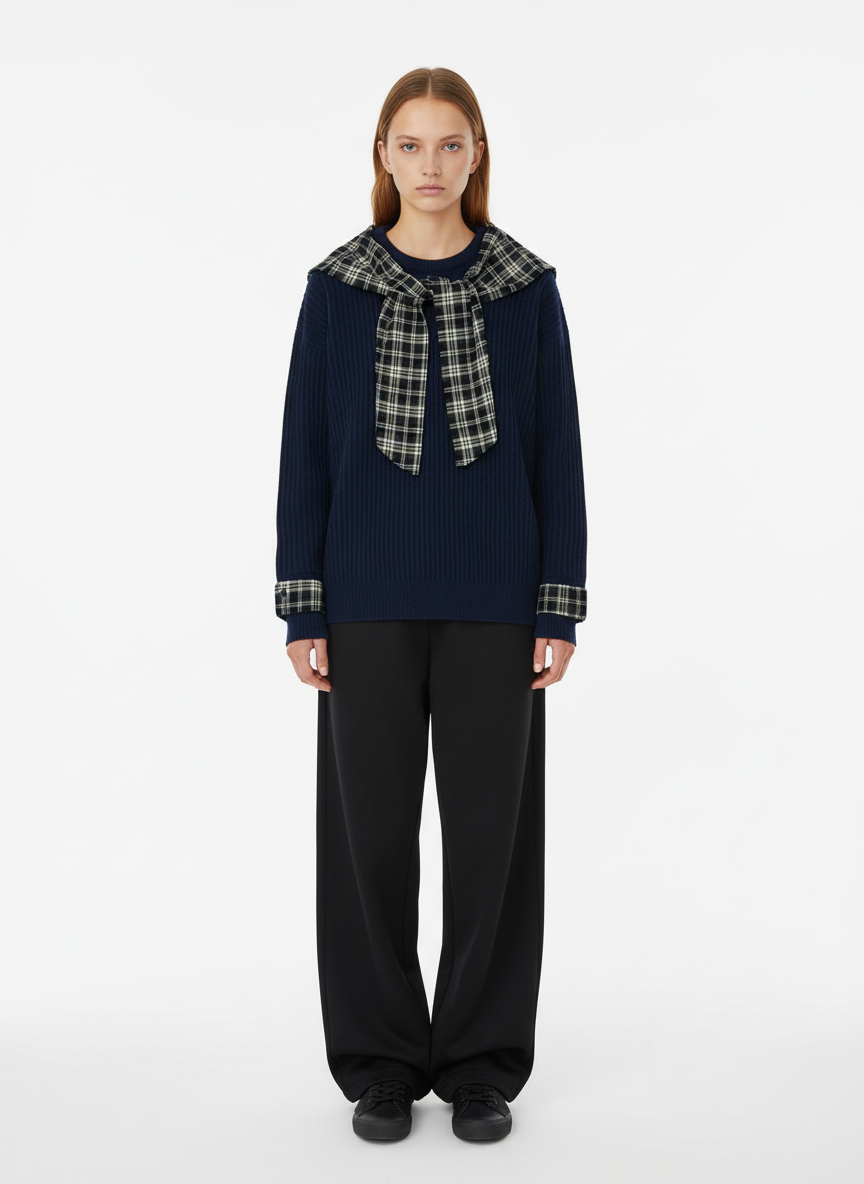 Plaid Scarf Patchwork Contrast Knit Sweater