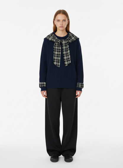 Plaid Scarf Patchwork Contrast Knit Sweater