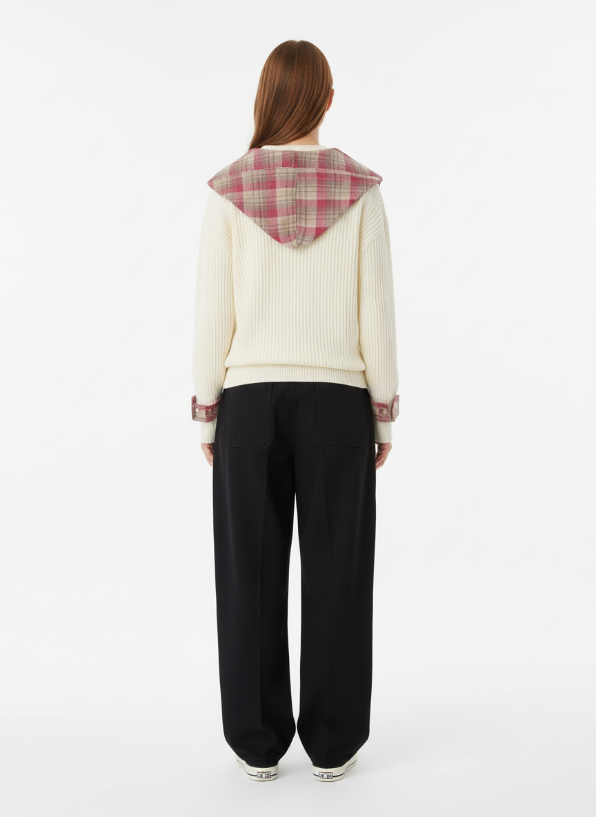 Plaid Scarf Patchwork Contrast Knit Sweater