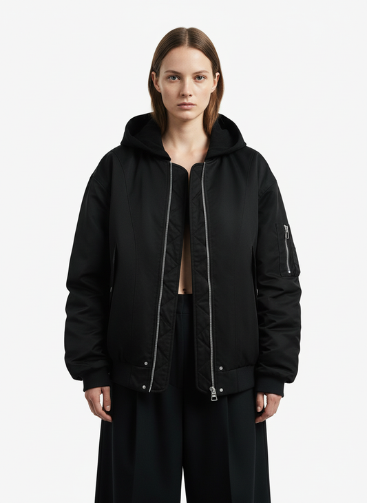 Faux Two-Piece Pleated Spliced Hooded Bomber Jacket