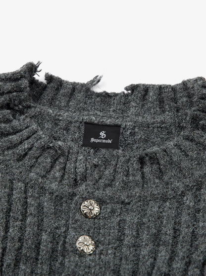 Distressed Ribbed Henley Sweater for Casual Elegance